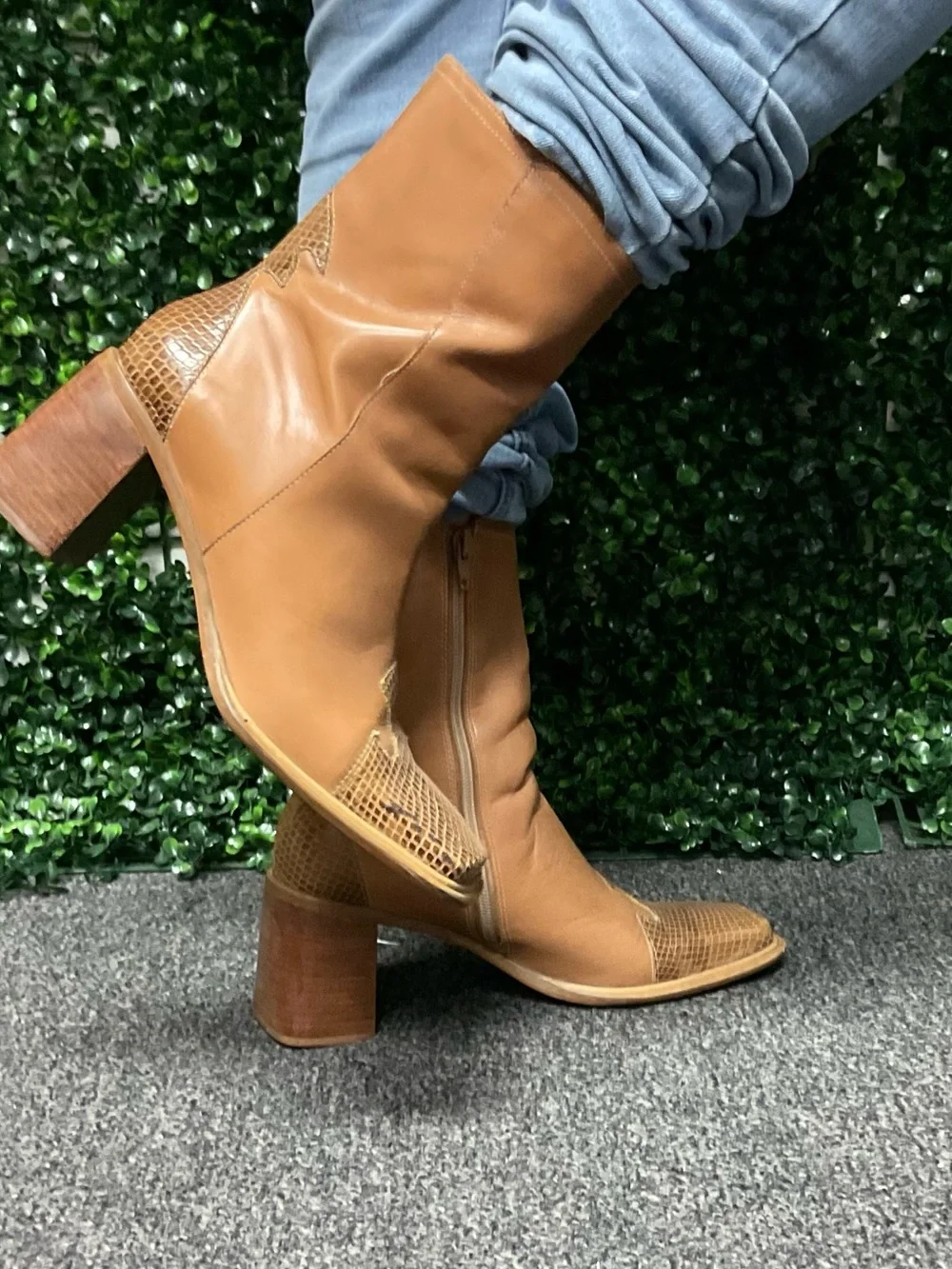 Vintage Y2K Diba Tan Leather Block Heel Boots with Snake Trim
